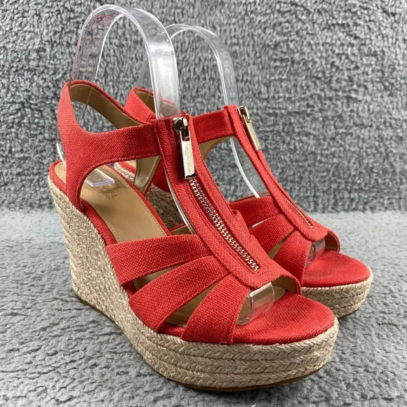 Michael kors berkley Espadrille Wedge‎ Canvas Slingback Womens Sandal Orange Zip - Picture 4 of 16